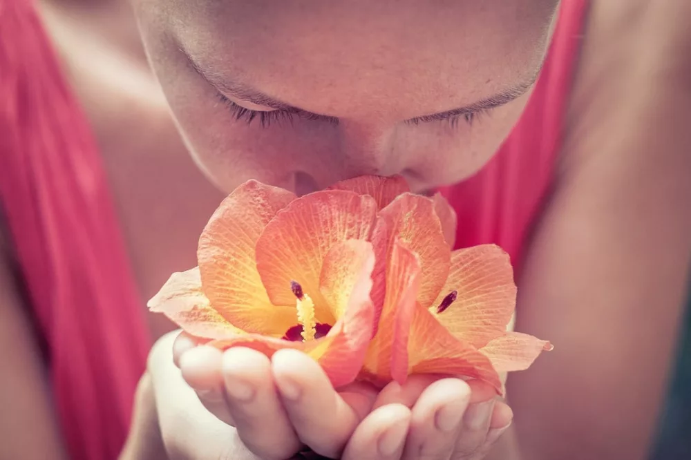 The law of attraction signs of manifestation: a woman is smelling flower